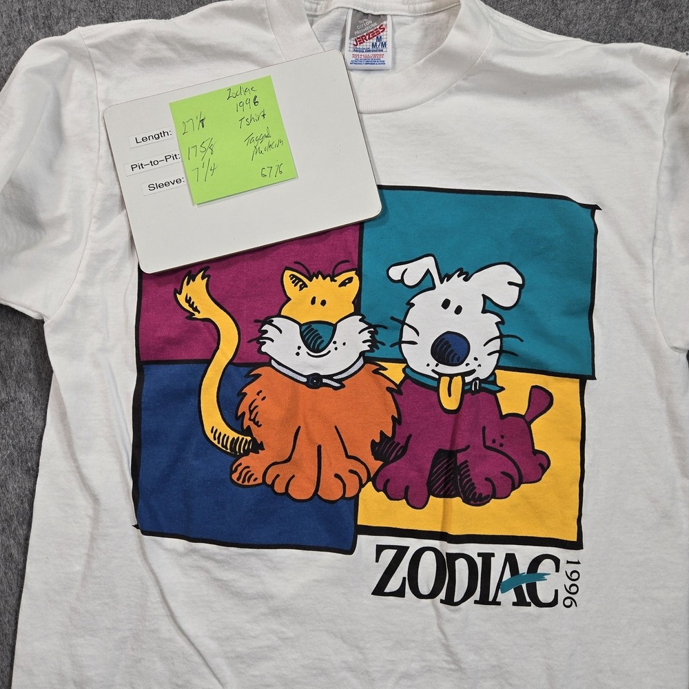 Vintage Jerzees Shirt Mens Medium White Zodiac Cat Dog Graphic 1996 Cartoon Tee - Picture 8 of 8